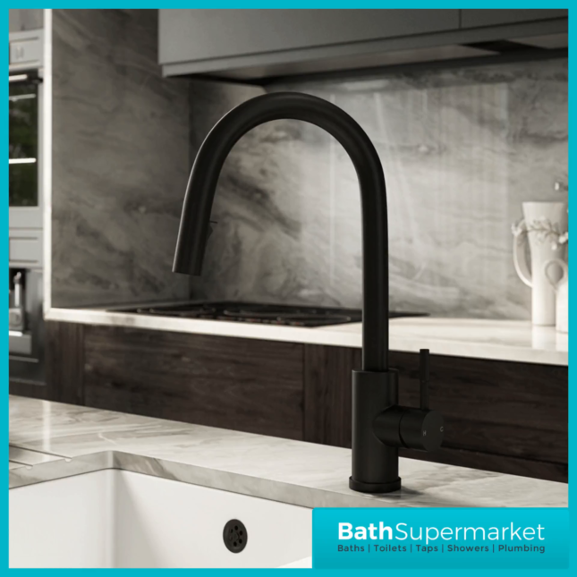 Rural Velia Matt Black Concealed Pull Out Hose Spray Head Kitchen Sink Mixer Tap