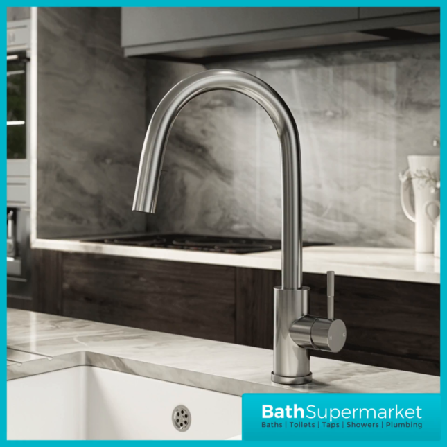 Rural Velia Brushed Steel Concealed Pull Out Hose Spray Head Kitchen Sink Mixer Tap