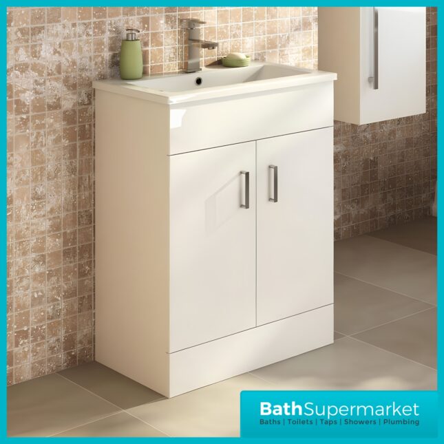 Eden Gloss White Compact Floor Standing Vanity Basin Cabinet Unit 600mm