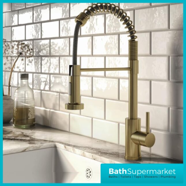 Rural Contra Brushed Brass Kitchen Sink Mixer Tap With Pull Out Hose Spray Head