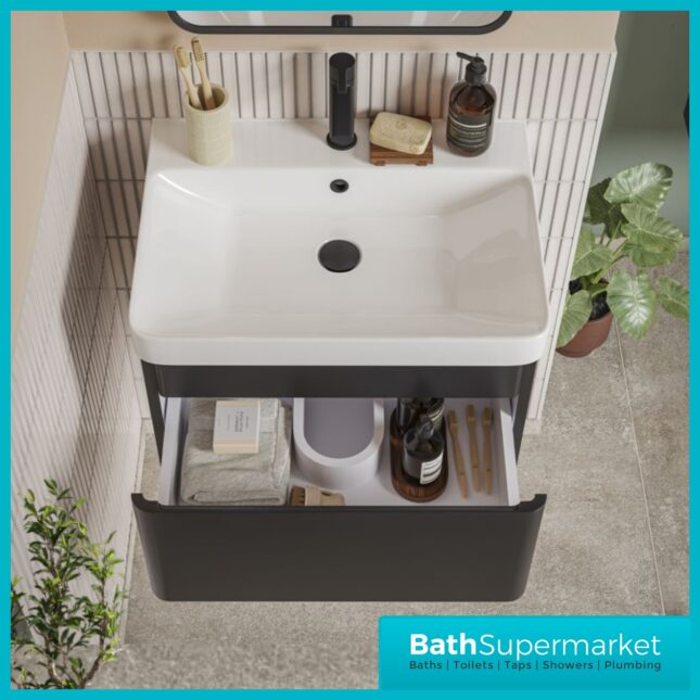 AquaVolere Luna Matt Black Wall Hung 1 Drawer Basin Unit 500mm