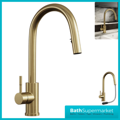 Tempo Velia Brushed Brass Concealed Pull Out Hose Kitchen Sink Mixer Tap