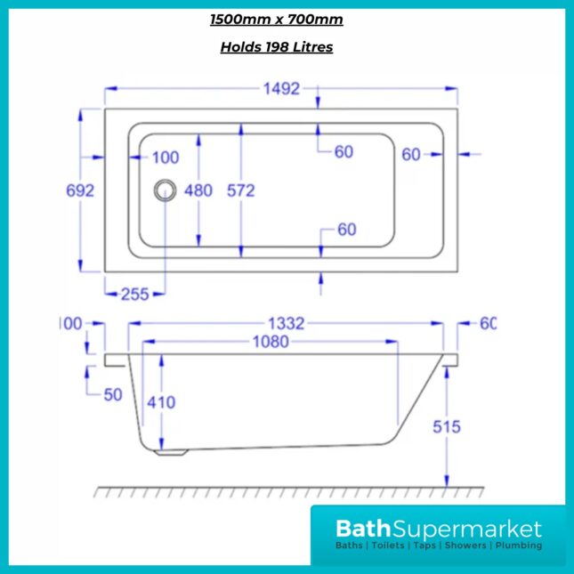 K-Vit Spirit Single Ended Square Bath Premium Acrylic Bath 1500, 1600 & 1700mm Sizes