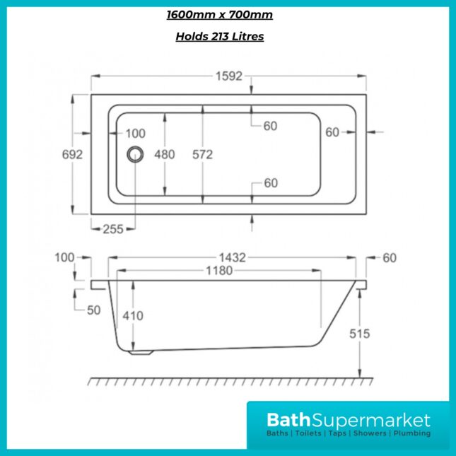 K-Vit Spirit Single Ended Square Bath Premium Acrylic Bath 1500, 1600 & 1700mm Sizes