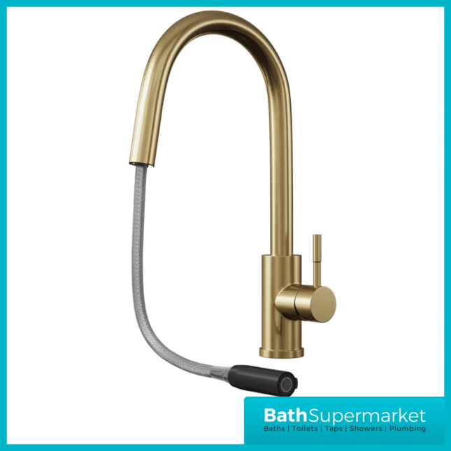 Tempo Velia Brushed Brass Concealed Pull Out Hose Kitchen Sink Mixer Tap