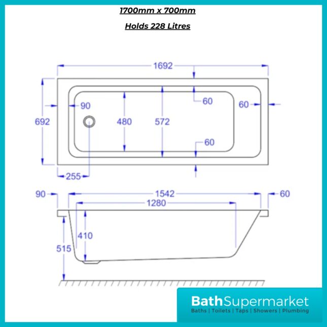 K-Vit Spirit Single Ended Square Bath Premium Acrylic Bath 1500, 1600 & 1700mm Sizes