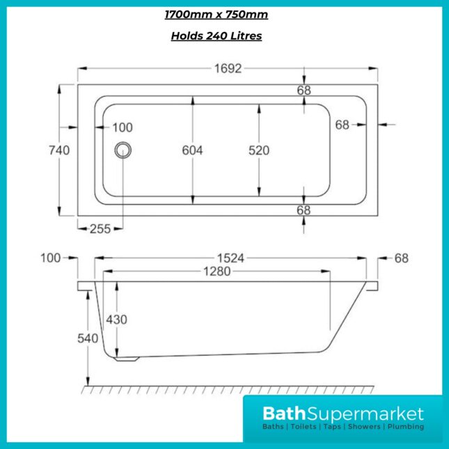 K-Vit Spirit Single Ended Square Bath Premium Acrylic Bath 1500, 1600 & 1700mm Sizes
