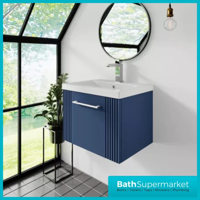 Nuie Deco Fluted Satin Blue Wall Hung Vanity Basin Unit 500mm Width