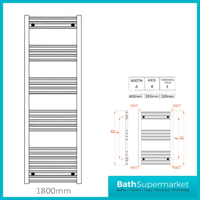 Reina Capo Black Flat Straight Ladder Heated Towel Rail 400mm x 1800mm