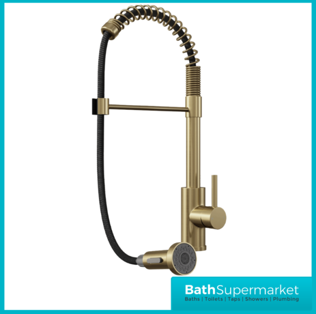 Rural Contra Brushed Brass Kitchen Sink Mixer Tap With Pull Out Hose Spray Head