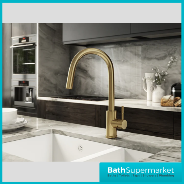 Tempo Velia Brushed Brass Concealed Pull Out Hose Kitchen Sink Mixer Tap