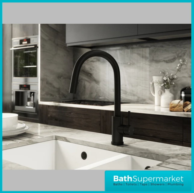 Rural Velia Matt Black Concealed Pull Out Hose Spray Head Kitchen Sink Mixer Tap