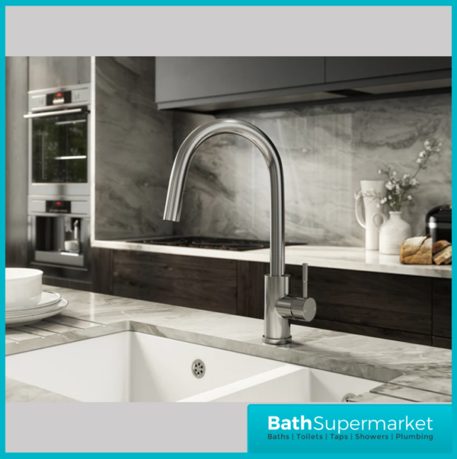 Rural Velia Brushed Steel Concealed Pull Out Hose Spray Head Kitchen Sink Mixer Tap