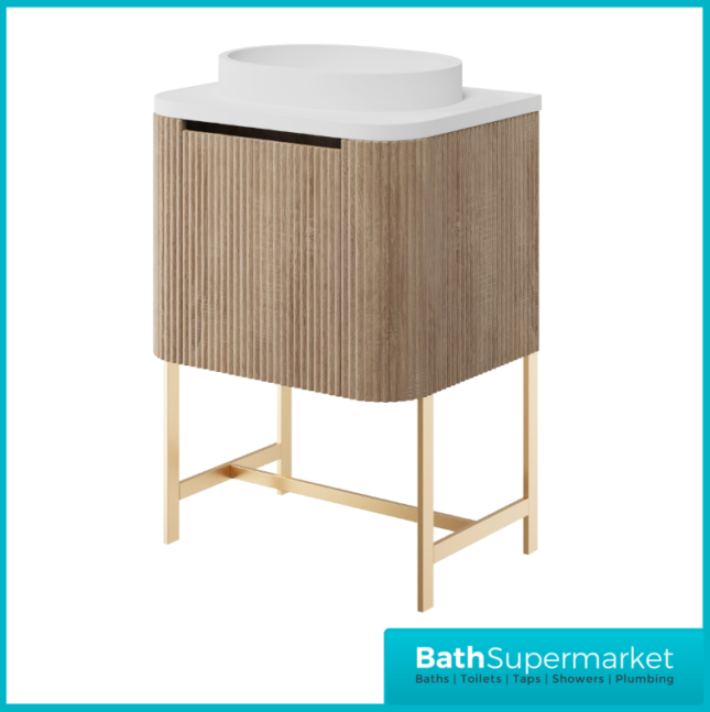 Sognare Linea Curve Fluted Oak Countertop Basin Vanity Unit 600mm & Floor Leg Frame