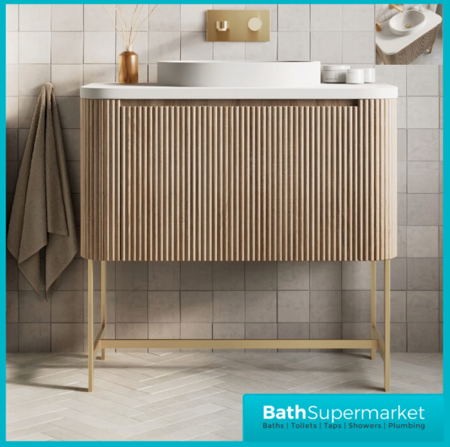 Sognare Linea Curve Fluted Oak Countertop Basin Vanity Unit 900mm & Floor Leg Frame