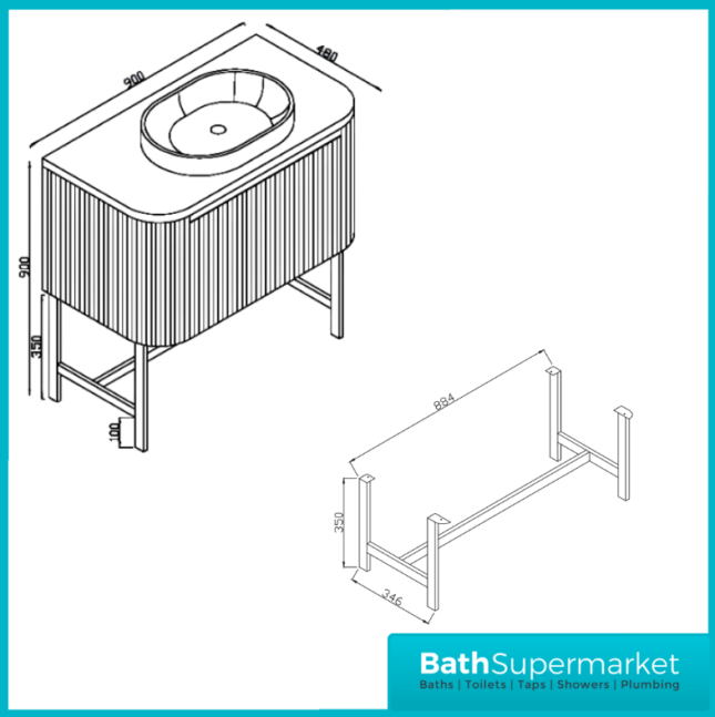 Sognare Linea Curve Fluted Oak Countertop Basin Vanity Unit 900mm & Floor Leg Frame