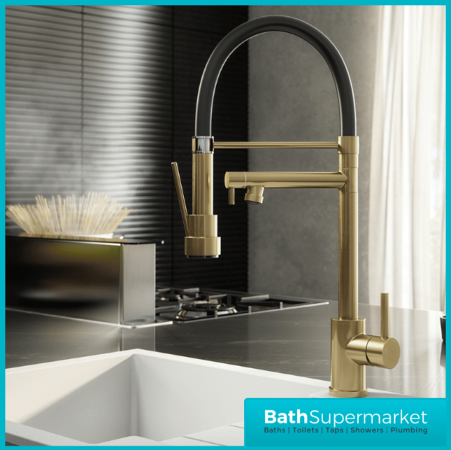 Ellsi Goda Brushed Brass Pull Out Gel Hose Single Lever Kitchen Sink Mixer Tap