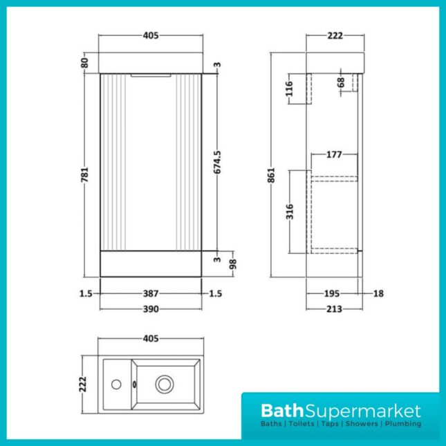 Nuie Deco Satin Green Compact Floor Standing Vanity Unit & Basin 400mm