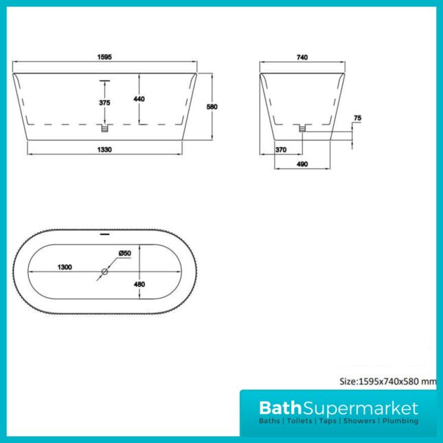 Bainlo Azure Fluted Blue Elegant Freestanding Bath 1600mm x 740mm