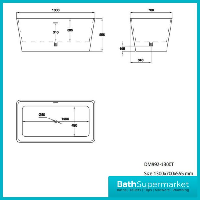 Bainlo Alba Gloss White Compact Freestanding Bath 1300mm x 700mm