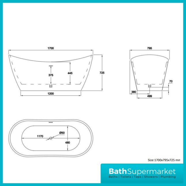 Bainlo Eclipse Noir Black Freestanding Slipper Bathtub 1600mm & 1700mm
