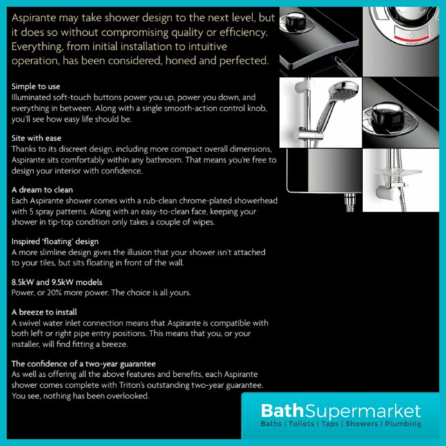 Triton Aspirante Gunmetal Electric Shower 8.5kW Or 9.5kW