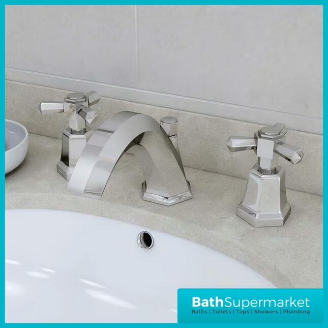 RAK Washington Chrome Art Deco Traditional Crosshead 3 Hole Basin Mixer Tap