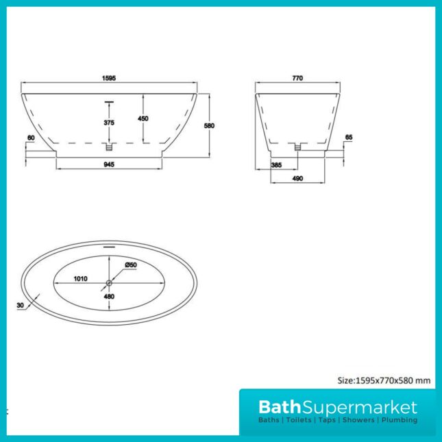Bainlo Solice White Oval Modern Freestanding Bath 1600mm