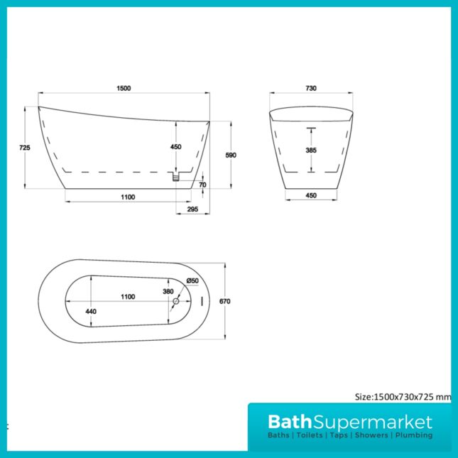 Bainlo Aurora White Modern Freestanding Slipper Bath 1500mm x 730mm