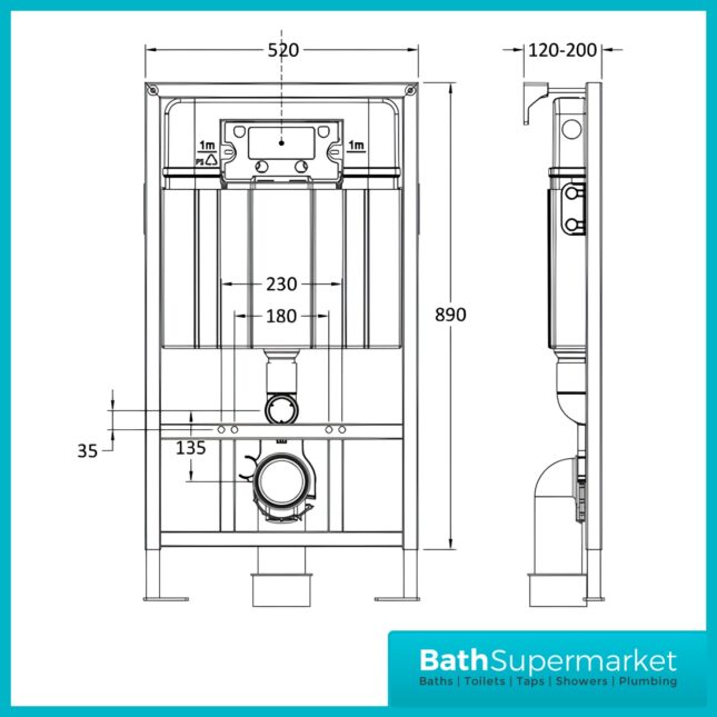 Hudson Reed Concealed Cistern Wall Hung Frame & Chrome Flush 1136-1336mm