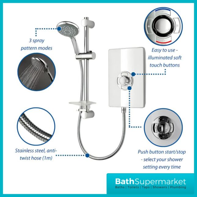 Triton Aspirante Gloss White Electric Shower 8.5kW Or 9.5kW
