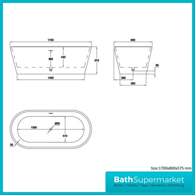 Bainlo Shadow Matt Black Oval Modern Freestanding Bath 1700mm