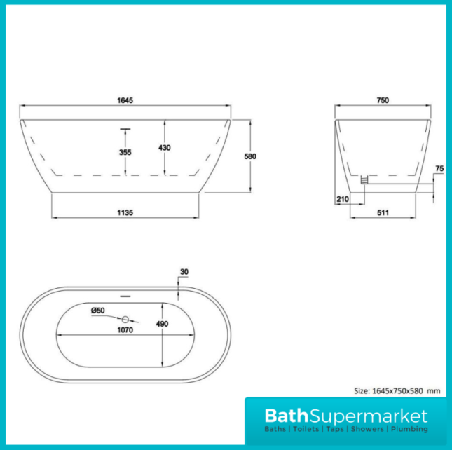 Bainlo Albus Matt Grey Oval Modern Free Standing Bath 1650mm
