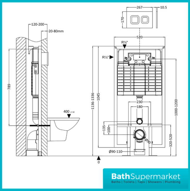 Hudson Reed Concealed Cistern Wall Hung Frame & White Flush 1136-1336mm