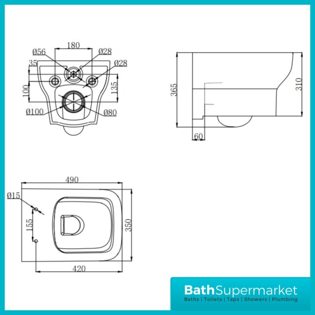 Kartell Korsika Square Wall Hung Pan With Soft Close Seat 490mm Projection