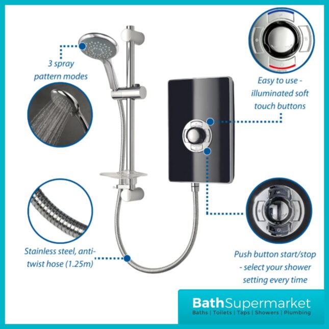 Triton Aspirante Gloss Black Electric Shower 8.5kW Or 9.5kW