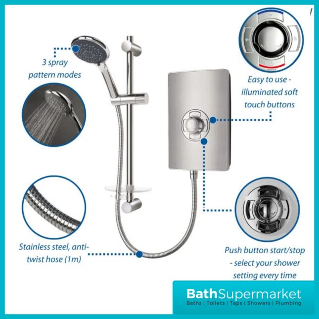 Triton Aspirante Brushed Steel Electric Shower 8.5kW Or 9.5kW