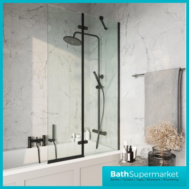 Sognare Black Square Pivot Bath Screen & Fixed Panel 900mm x 1500mm – 6mm Glass