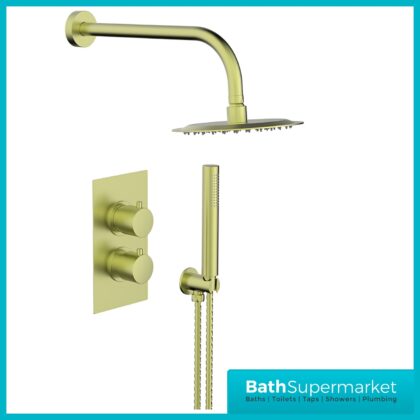 Tempo Flow Round Brushed Brass 2 Way Concealed Thermostatic Shower Valve With Head & Handset