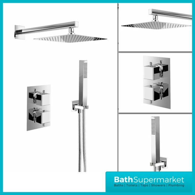 Tempo Flow Square Chrome 2 Way Concealed Thermostatic Shower Valve With Head & Handset