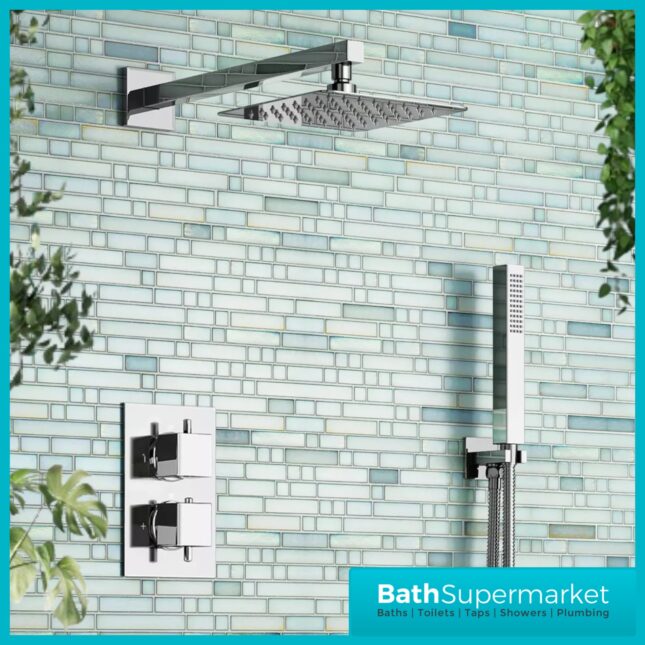 Tempo Flow Square Chrome 2 Way Concealed Thermostatic Shower Valve With Head & Handset