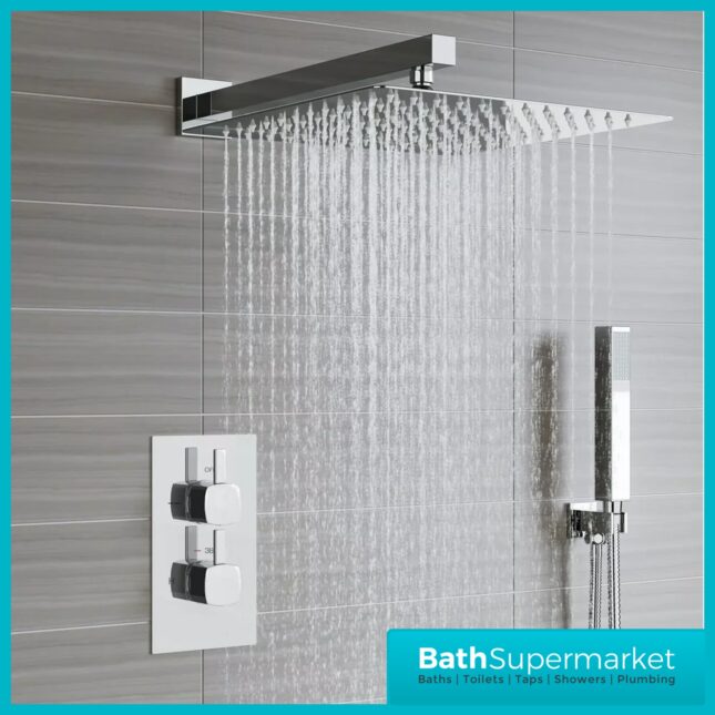 Tempo Flow Square Chrome 2 Way Concealed Thermostatic Shower Valve With Head & Handset