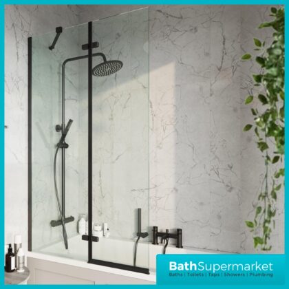 Sognare Black Square Pivot Bath Screen & Fixed Panel 900mm x 1500mm – 6mm Glass