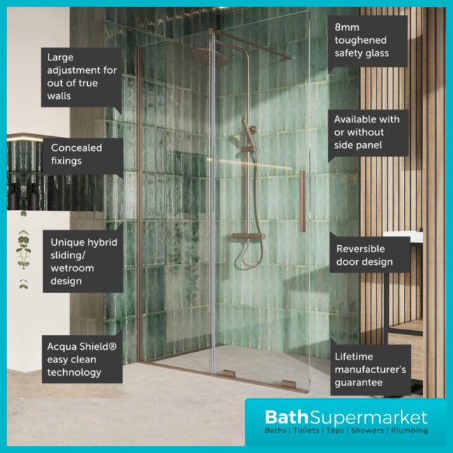 Sognare Momentum Brushed Bronze Sliding Wetroom Door & Optional Side Panel 2000mm