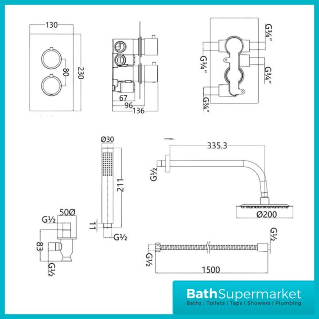 Tempo Flow Square Chrome 2 Way Concealed Thermostatic Shower Valve With Head & Handset
