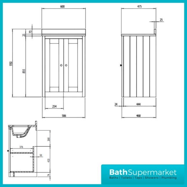 Tavistock Lansdown Traditional Matt Black Underslung Basin Vanity Unit 600mm