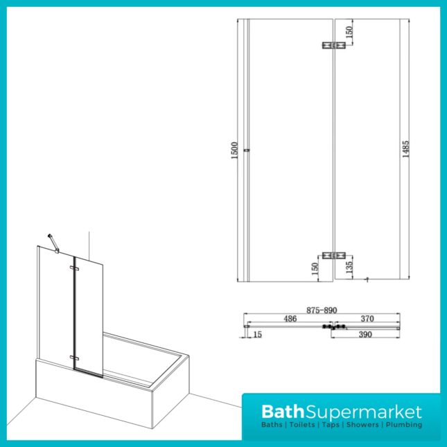 Sognare Black Square Pivot Bath Screen & Fixed Panel 900mm x 1500mm – 6mm Glass