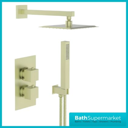 Tempo Flow Square Brushed Brass 2 Way Concealed Thermostatic Shower Valve With Head & Handset