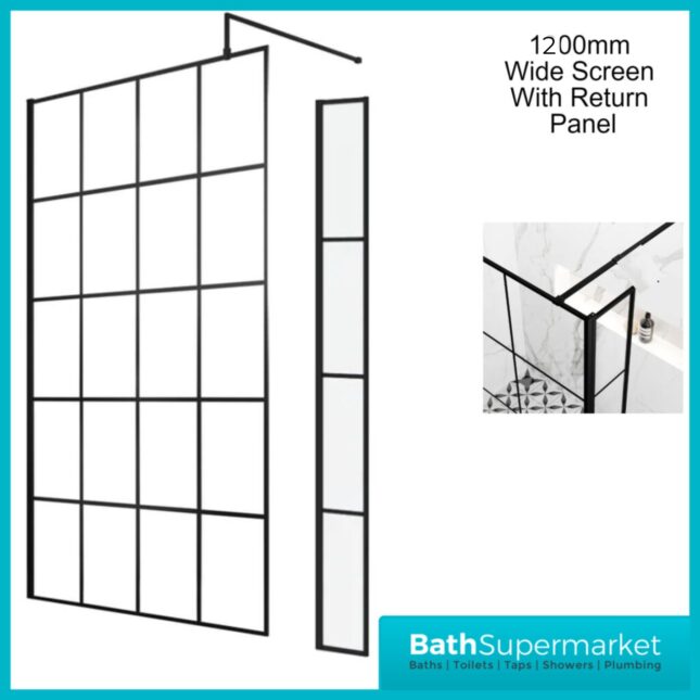 Kritt Wet Room Screen 8mm Glass With Support Bar 700mm – 1200mm Wide & Optional Return Panel