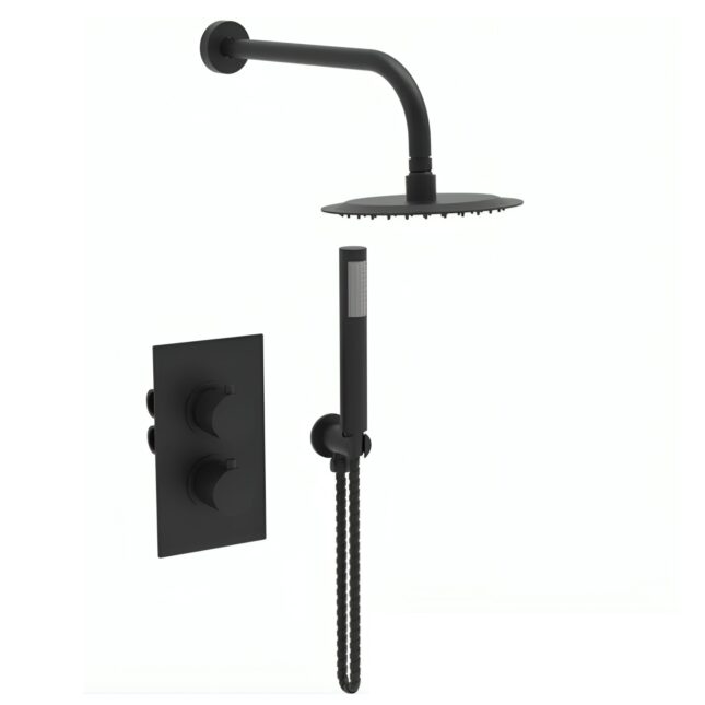 Tempo Flow Round Black 2 Way Concealed Thermostatic Shower Valve With Head & Handset